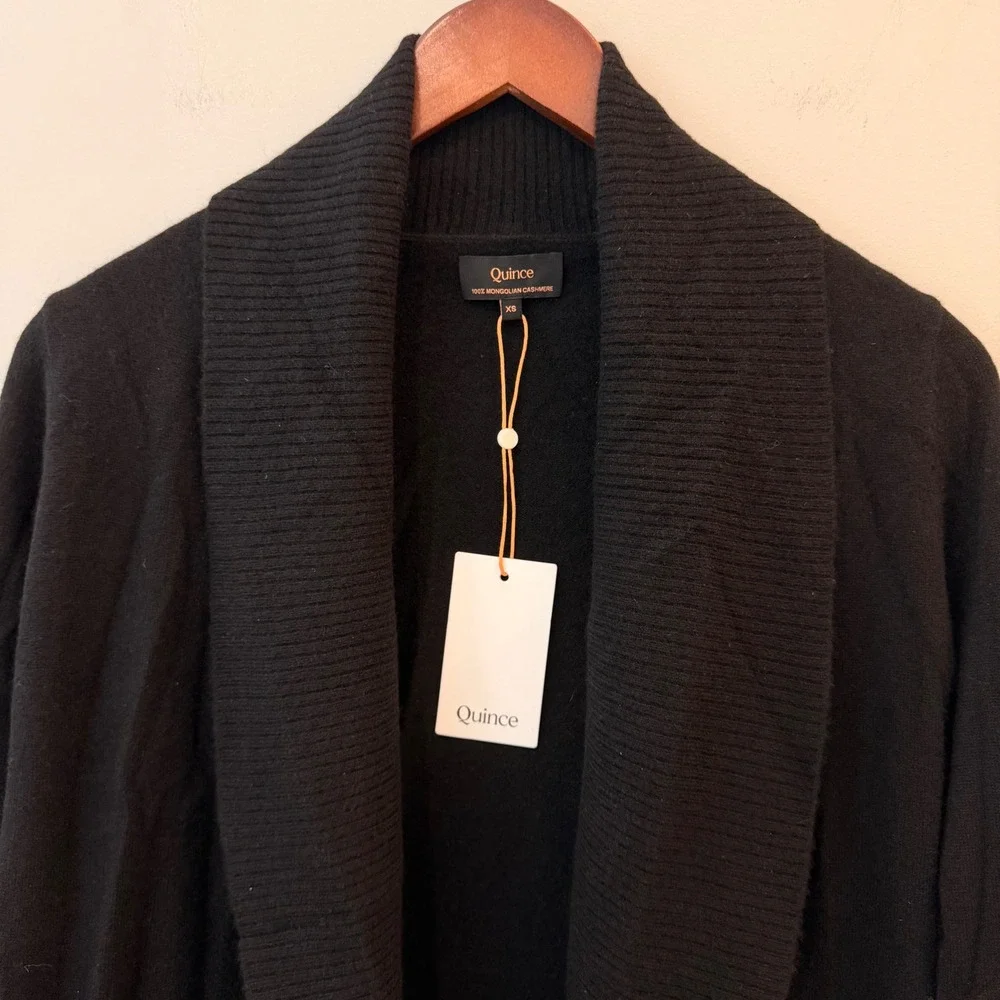 Quince Mongolian Cashmere Open Cardigan Sweater Pockets Shawl Trip Black XS NWT